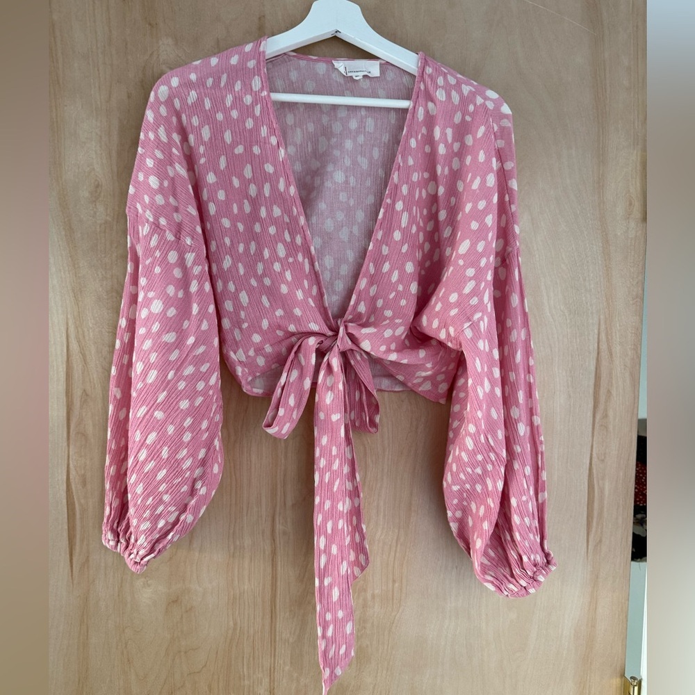 Anthropologie Pink Polka Dot Tie-Front Blouse - Picture 6 of 15